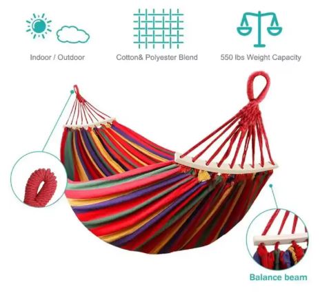 Large Portable Cotton Hammock for 2 Adults – Heavy-Duty Double Camping Hammock (160-300KG Capacity), Foldable Outdoor Garden Swing Bed for Travel, Beach & Backyard