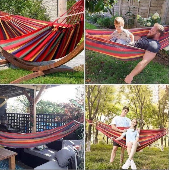 Large Portable Cotton Hammock for 2 Adults – Heavy-Duty Double Camping Hammock (160-300KG Capacity), Foldable Outdoor Garden Swing Bed for Travel, Beach & Backyard