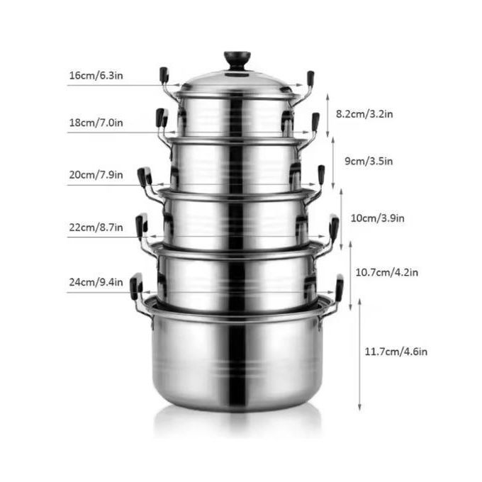 10PCS Stainless Steel Cooking Pot Set with Lids, Multipurpose Kitchen Cookware, Soup & Stock Pots, Induction & Gas Stove Compatible (16/18/20/22/24CM)