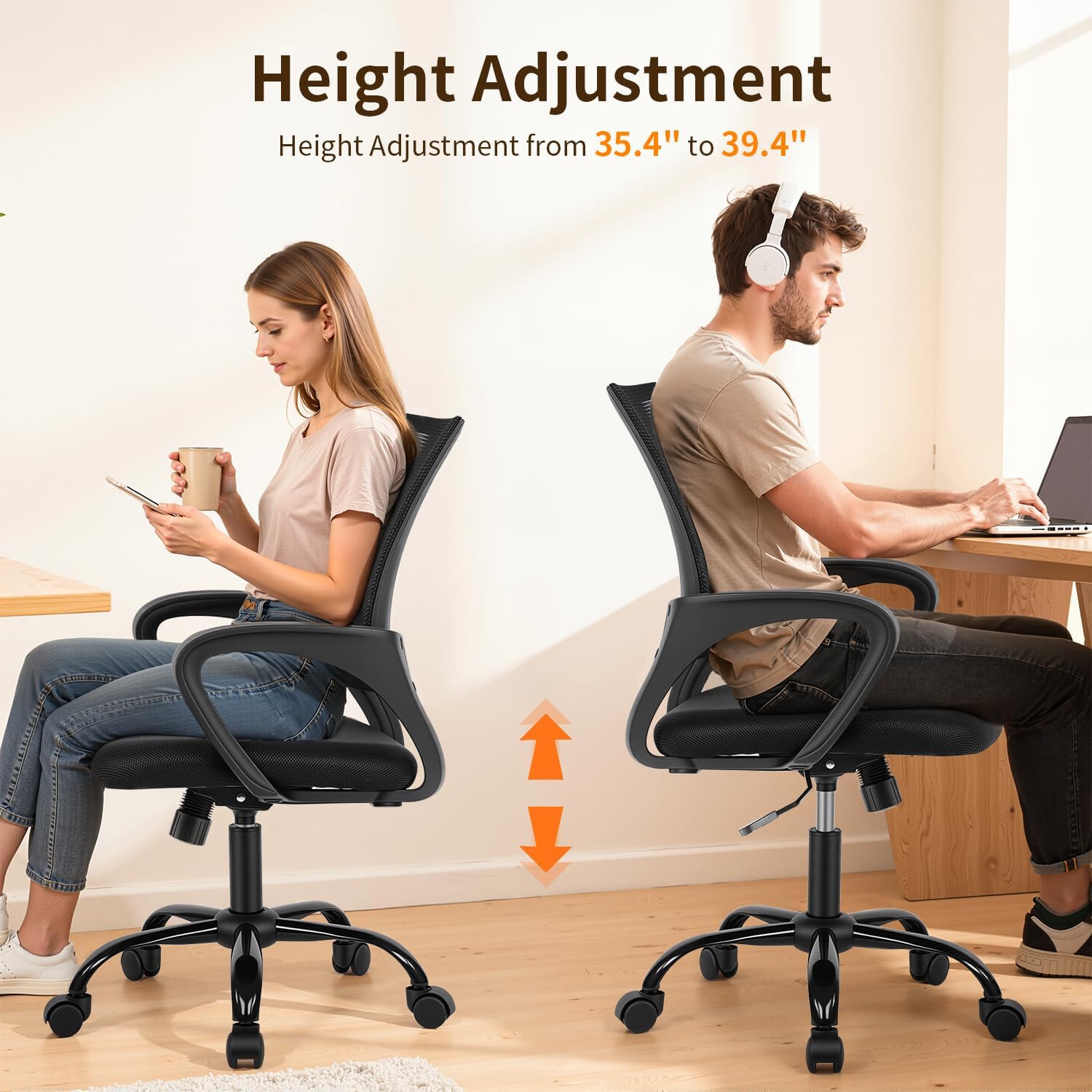Adjustable Mesh Office Chair , Swivel Computer Desk Chair with Armrests, Rolling Wheels & Padded Seat.