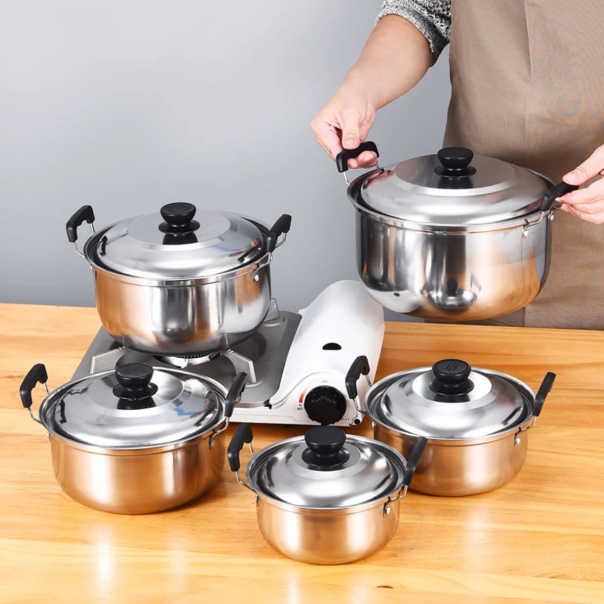 10PCS Stainless Steel Cooking Pot Set with Lids, Multipurpose Kitchen Cookware, Soup & Stock Pots, Induction & Gas Stove Compatible (16/18/20/22/24CM)