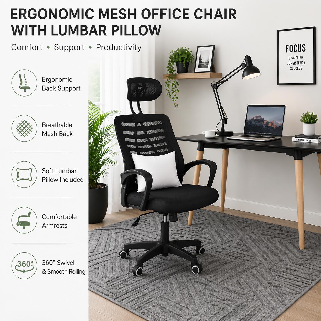 Ergonomic Office Chair with Headrest , Adjustable Swivel ,Desk Chair with Wheels ( Black )