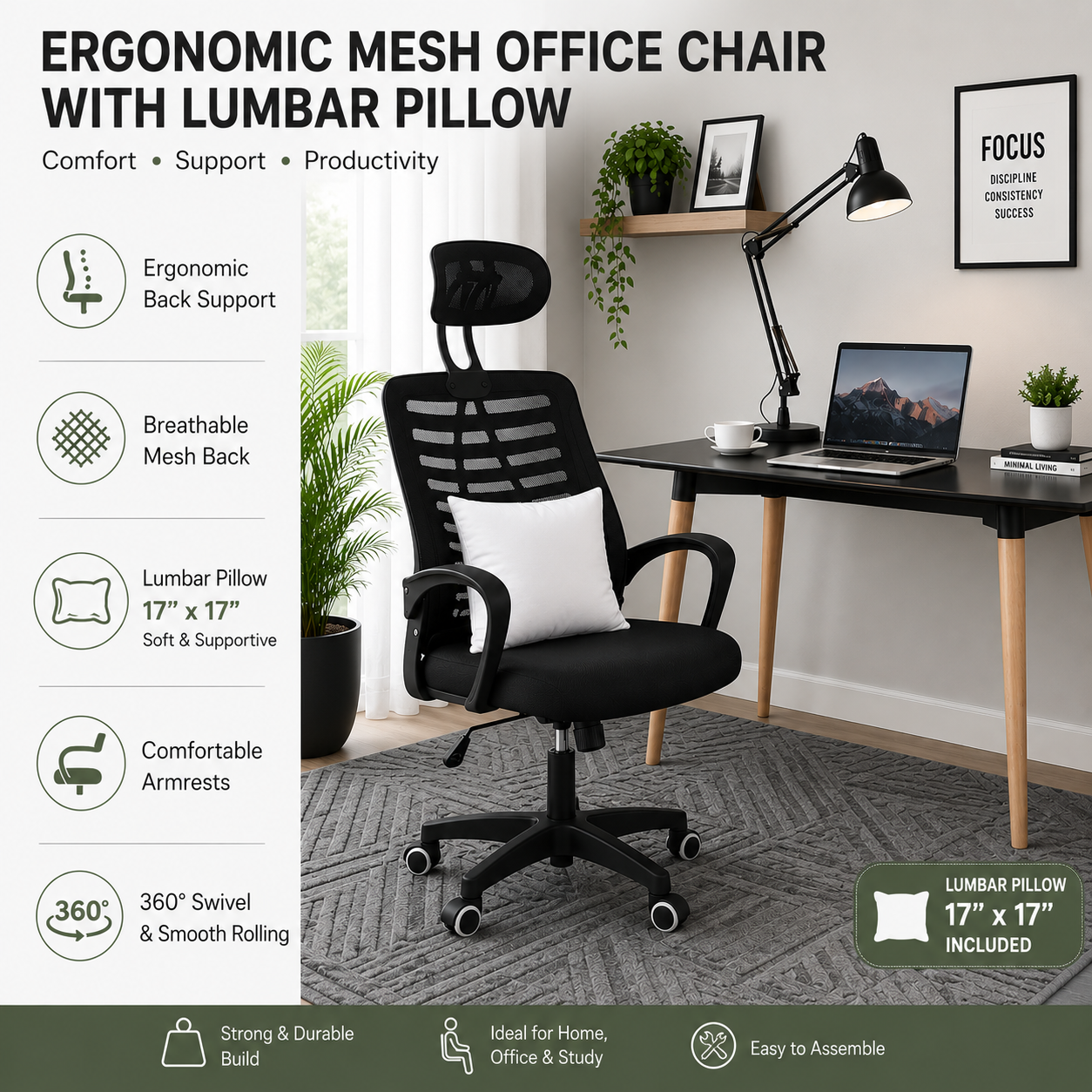 Ergonomic Office Chair with Headrest , Adjustable Swivel ,Desk Chair with Wheels ( Black )
