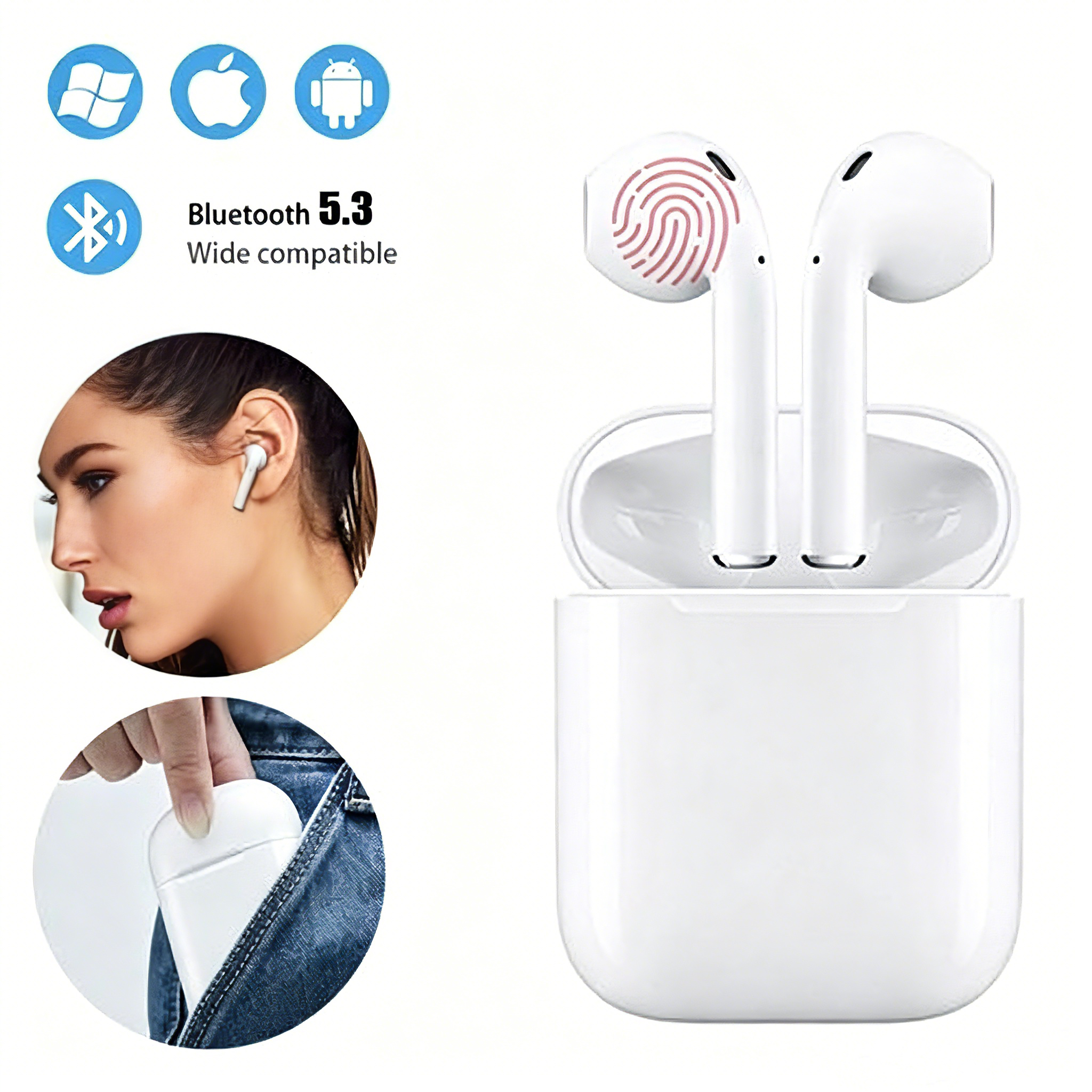 TWS I12 Bluetooth Earbuds Bluetooth 5.3 Earphones White Touch Control 3H Playtime Active Noise Reduction