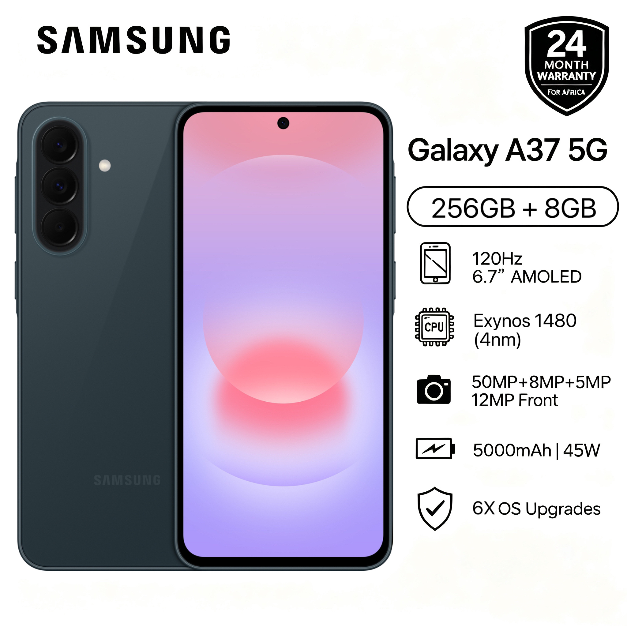 [New Arrival] Brand New Samsung Galaxy A37 5G 256GB+8GB 6.7" 120Hz AMOLED Display Exynos 1480 (4 nm) 50MP Triple Camera Android 16 IP68 Waterproof 5000mAh 45W Type-C Smart Phones  6X OS Upgrade