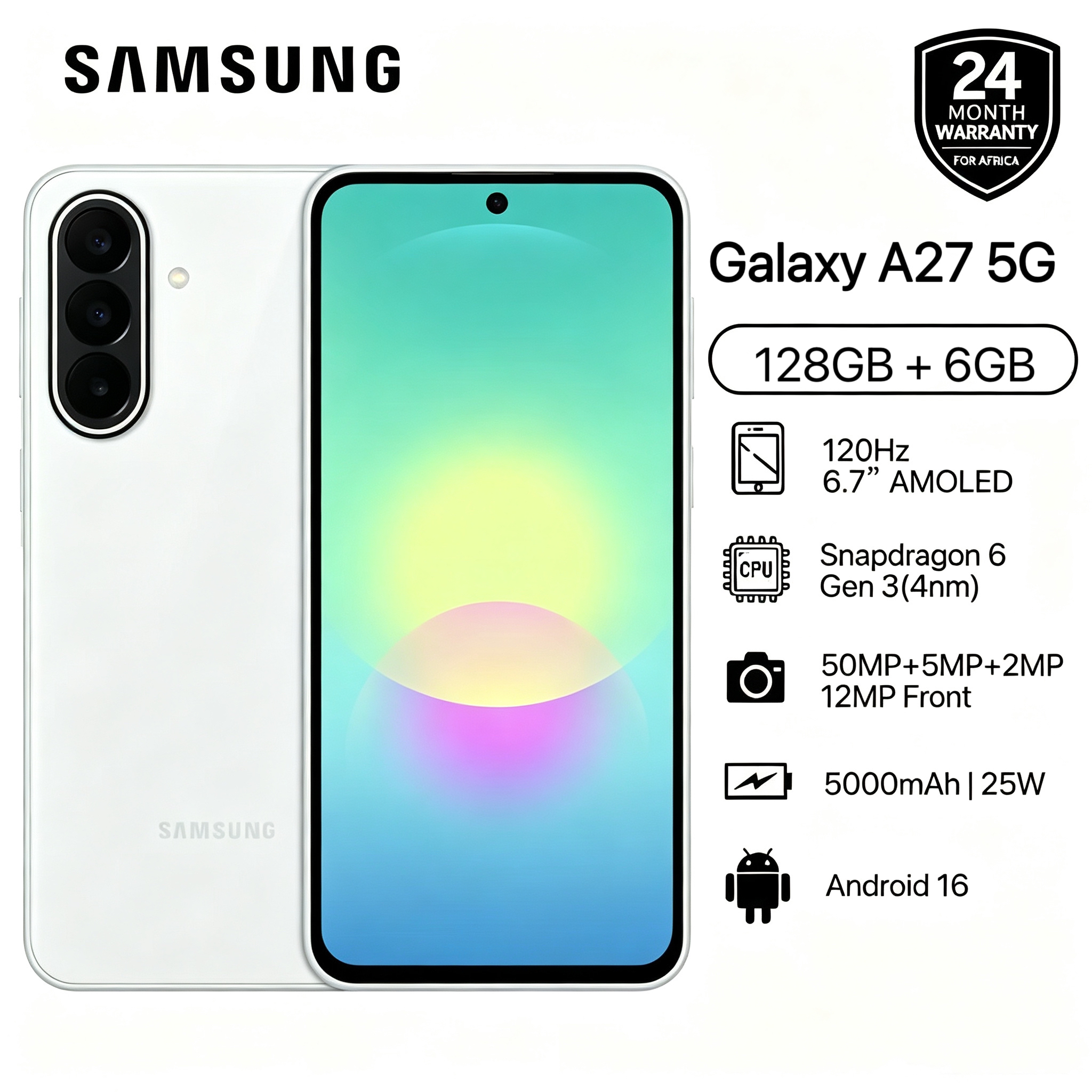 [New Arrival] Brand New Samsung Galaxy A27 5G 128GB+6GB 6.7" 120Hz AMOLED Display Snapdragon 6 Gen3 50MP Triple Camera Android 16 IP64 Waterproof 5000mAh 25W Type-C Smart Phones  6X OS Upgrade