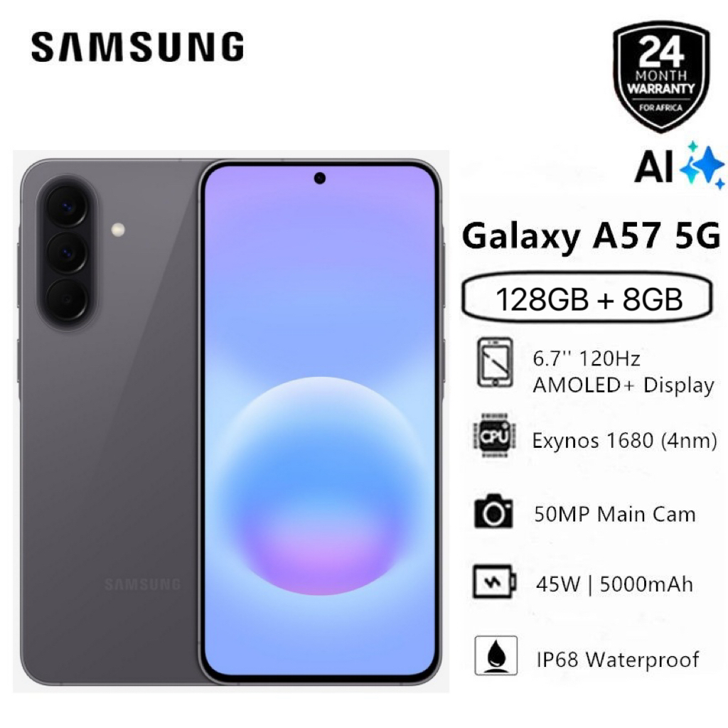 [New Arrival] Brand New Samsung Galaxy A57 5G 128GB+8GB 6.7" 120Hz AMOLED Display 50MP Triple Camera Exynos 1680 (4nm) 45W 5000mAh IP68 Dust Water Resistant Android 16 Type-C Smart Phones phone