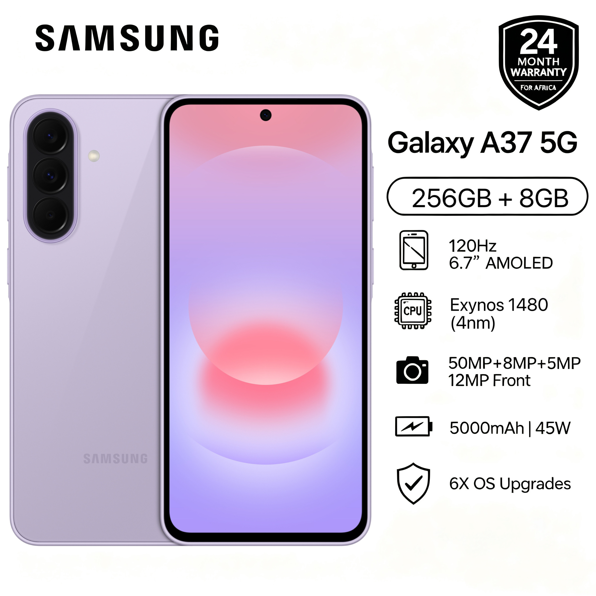 [New Arrival] Brand New Samsung Galaxy A37 5G 256GB+8GB 6.7" 120Hz AMOLED Display Exynos 1480 (4 nm) 50MP Triple Camera Android 16 IP68 Waterproof 5000mAh 45W Type-C Smart Phones  6X OS Upgrade