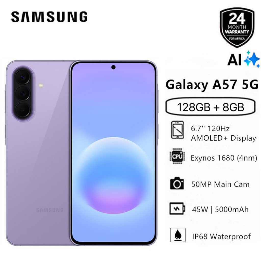 [New Arrival] Brand New Samsung Galaxy A57 5G 128GB+8GB 6.7" 120Hz AMOLED Display 50MP Triple Camera Exynos 1680 (4nm) 45W 5000mAh IP68 Dust Water Resistant Android 16 Type-C Smart Phones phone
