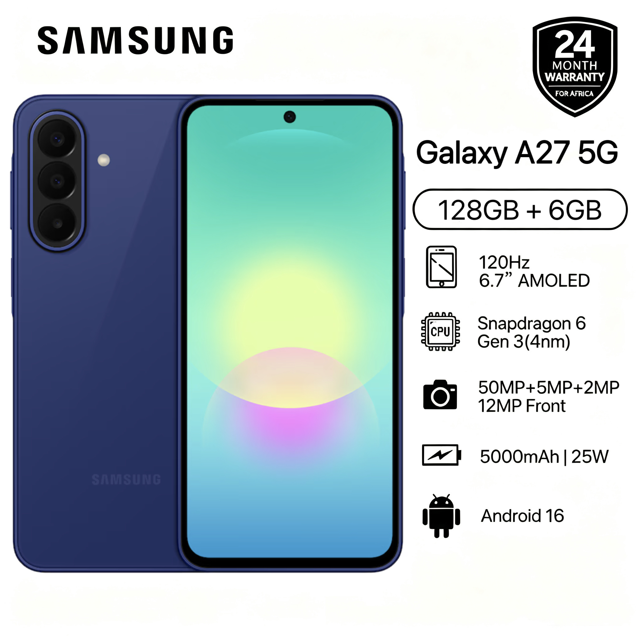 [New Arrival] Brand New Samsung Galaxy A27 5G 128GB+6GB 6.7" 120Hz AMOLED Display Snapdragon 6 Gen3 50MP Triple Camera Android 16 IP64 Waterproof 5000mAh 25W Type-C Smart Phones  6X OS Upgrade