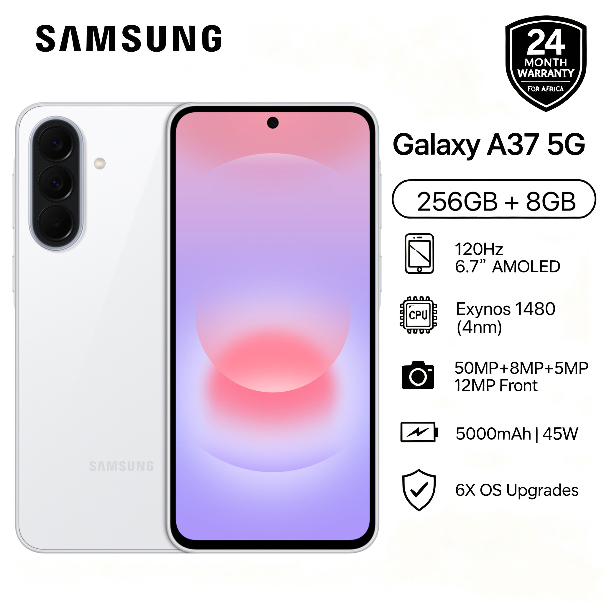 [New Arrival] Brand New Samsung Galaxy A37 5G 256GB+8GB 6.7" 120Hz AMOLED Display Exynos 1480 (4 nm) 50MP Triple Camera Android 16 IP68 Waterproof 5000mAh 45W Type-C Smart Phones  6X OS Upgrade