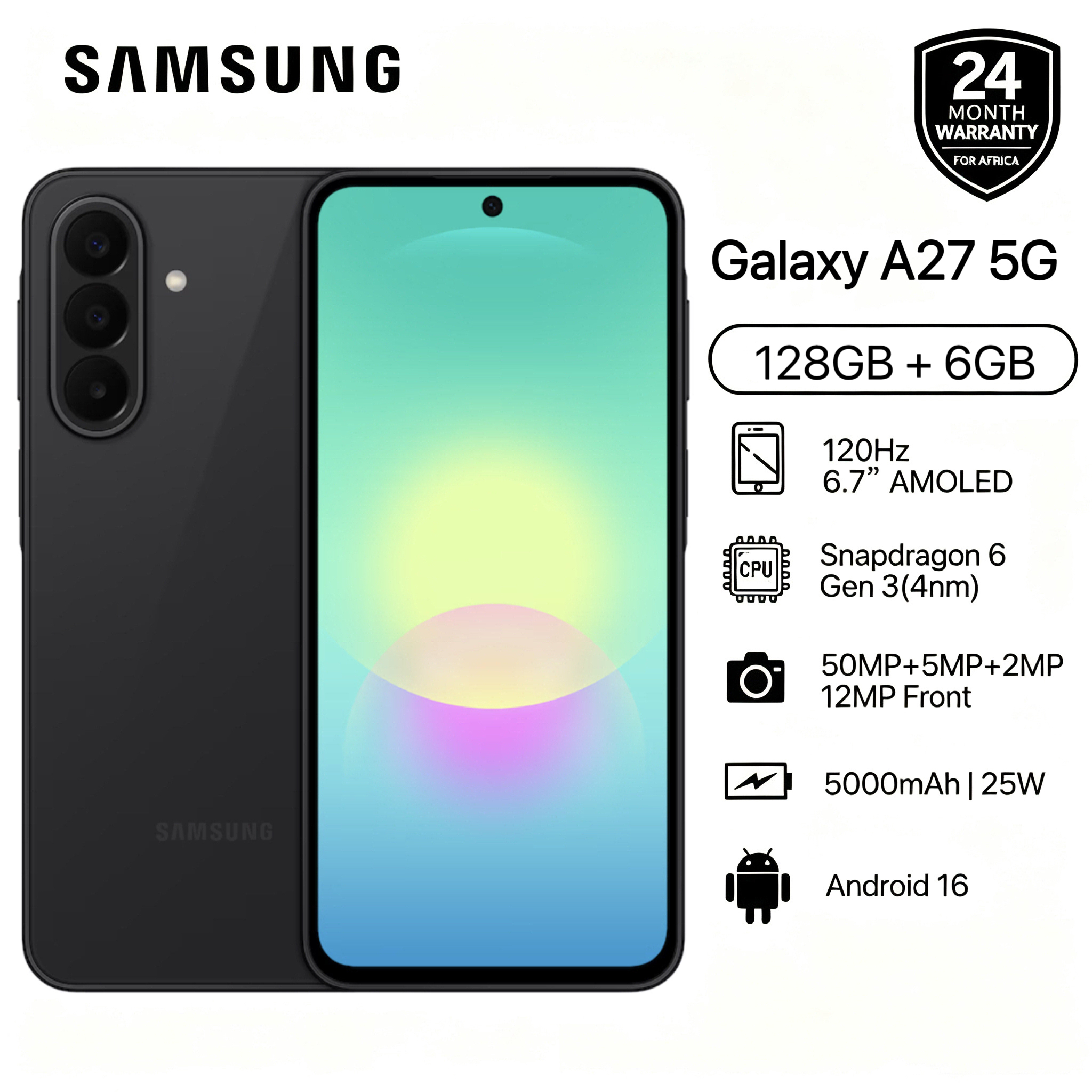 [New Arrival] Brand New Samsung Galaxy A27 5G 128GB+6GB 6.7" 120Hz AMOLED Display Snapdragon 6 Gen3 50MP Triple Camera Android 16 IP64 Waterproof 5000mAh 25W Type-C Smart Phones  6X OS Upgrade