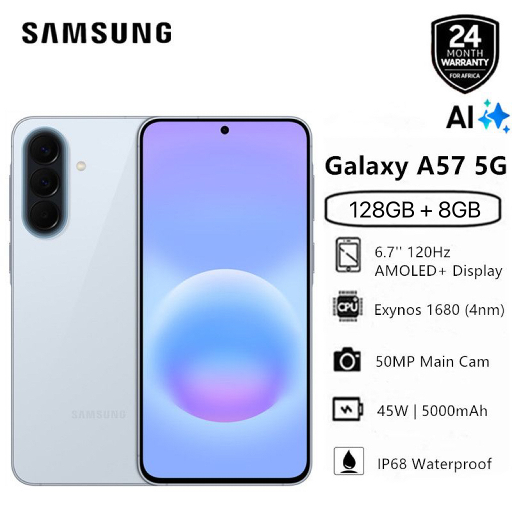 [New Arrival] Brand New Samsung Galaxy A57 5G 128GB+8GB 6.7" 120Hz AMOLED Display 50MP Triple Camera Exynos 1680 (4nm) 45W 5000mAh IP68 Dust Water Resistant Android 16 Type-C Smart Phones phone