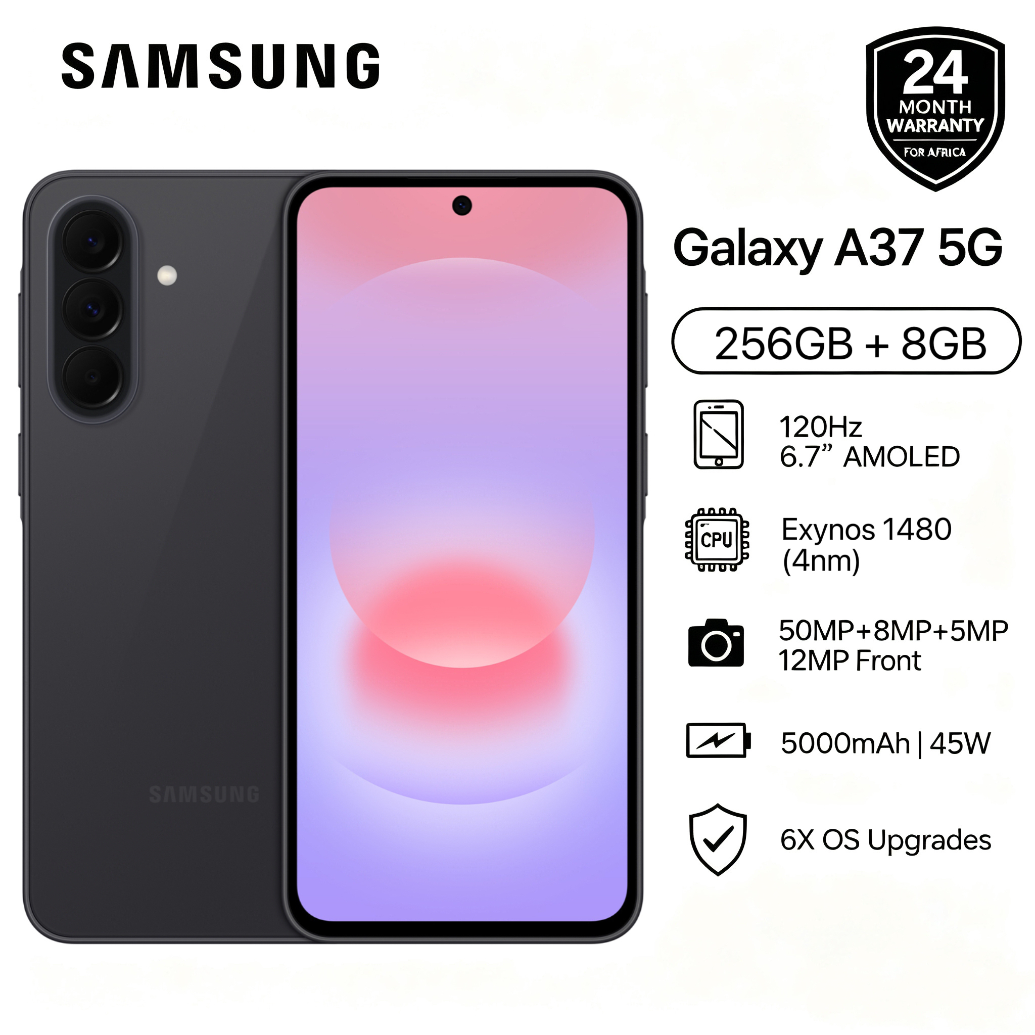 [New Arrival] Brand New Samsung Galaxy A37 5G 256GB+8GB 6.7" 120Hz AMOLED Display Exynos 1480 (4 nm) 50MP Triple Camera Android 16 IP68 Waterproof 5000mAh 45W Type-C Smart Phones  6X OS Upgrade