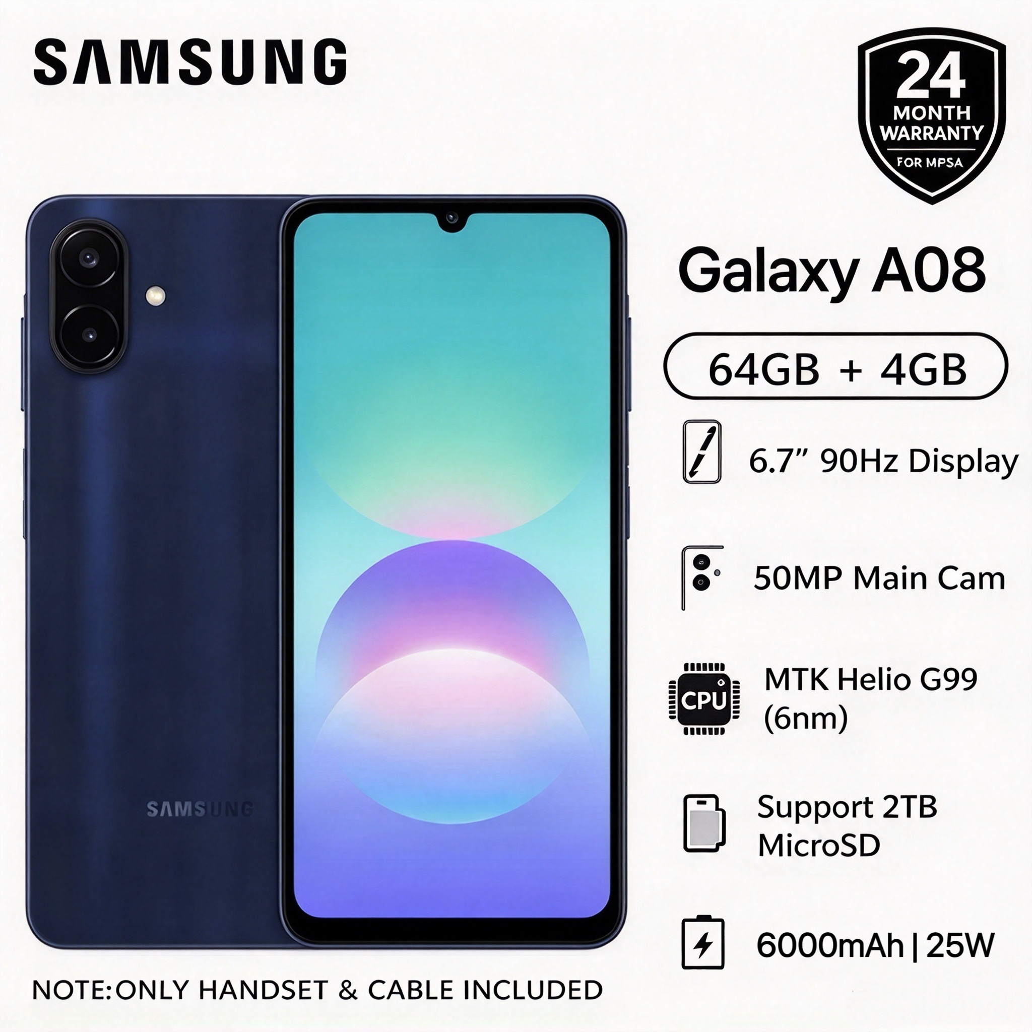 New Arrival Samsung Galaxy A08 64GB+4GB 6.7" 90Hz 6000mAh Massive Battery MTK Helio G99 50MP IP64 Waterproof Android 17 Type-C Charge Smart Phones 6X OS Upgrades phone