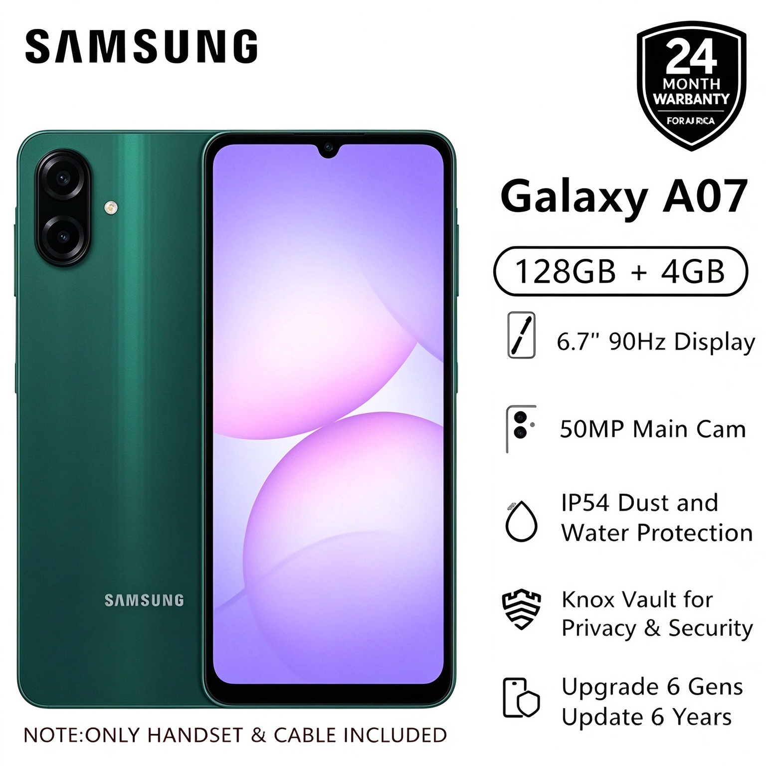 [Limited Offer] Samsung Galaxy A07 128GB+4GB MTK Helio G99 6.7" 90Hz 50MP AI Camera 5000mAh 25W IP54 Waterproof Android 15 Type-C Charge Smart Phones 6X OS Upgrades phone