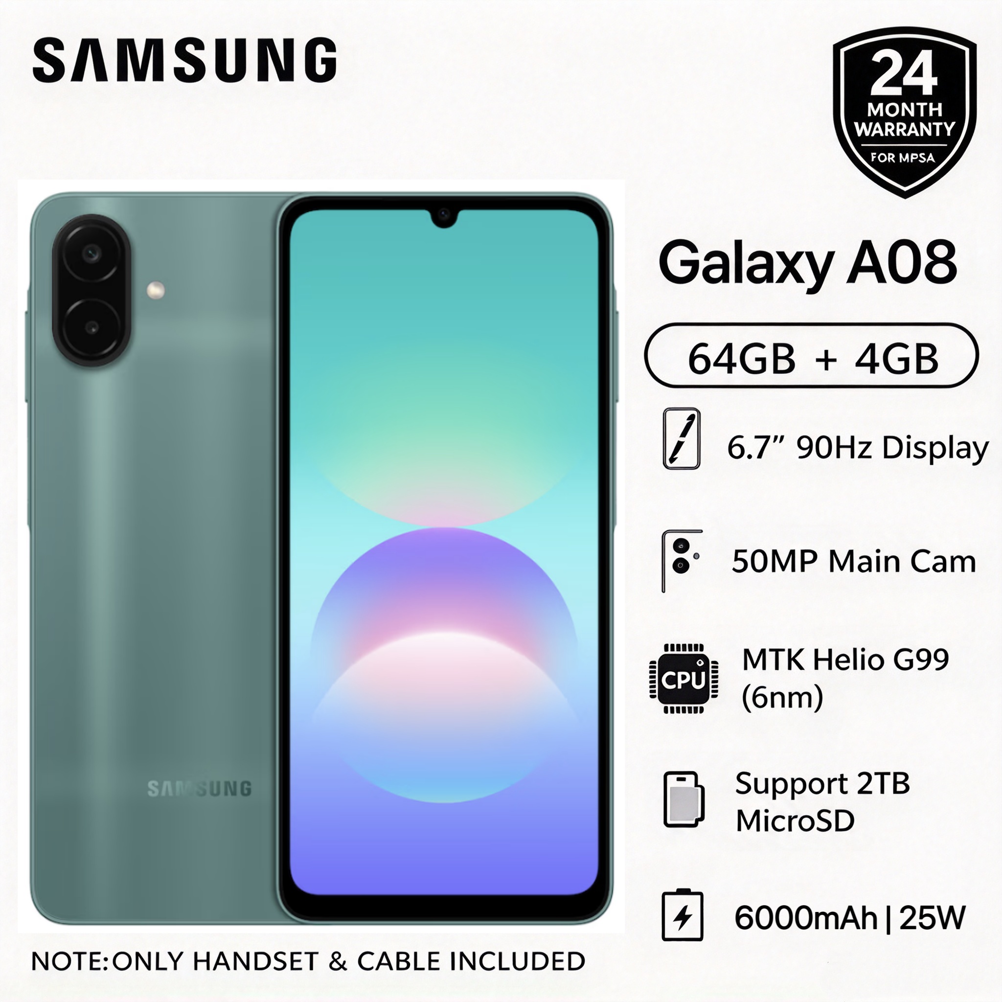 New Arrival Samsung Galaxy A08 64GB+4GB 6.7" 90Hz 6000mAh Massive Battery MTK Helio G99 50MP IP64 Waterproof Android 17 Type-C Charge Smart Phones 6X OS Upgrades phone