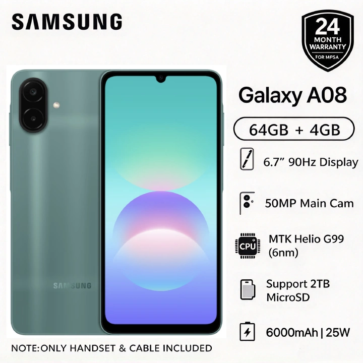 New Arrival Samsung Galaxy A08 64GB+4GB 6.7" 90Hz 6000mAh Massive Battery MTK Helio G99 50MP IP64 Waterproof Android 17 Type-C Charge Smart Phones 6X OS Upgrades phone