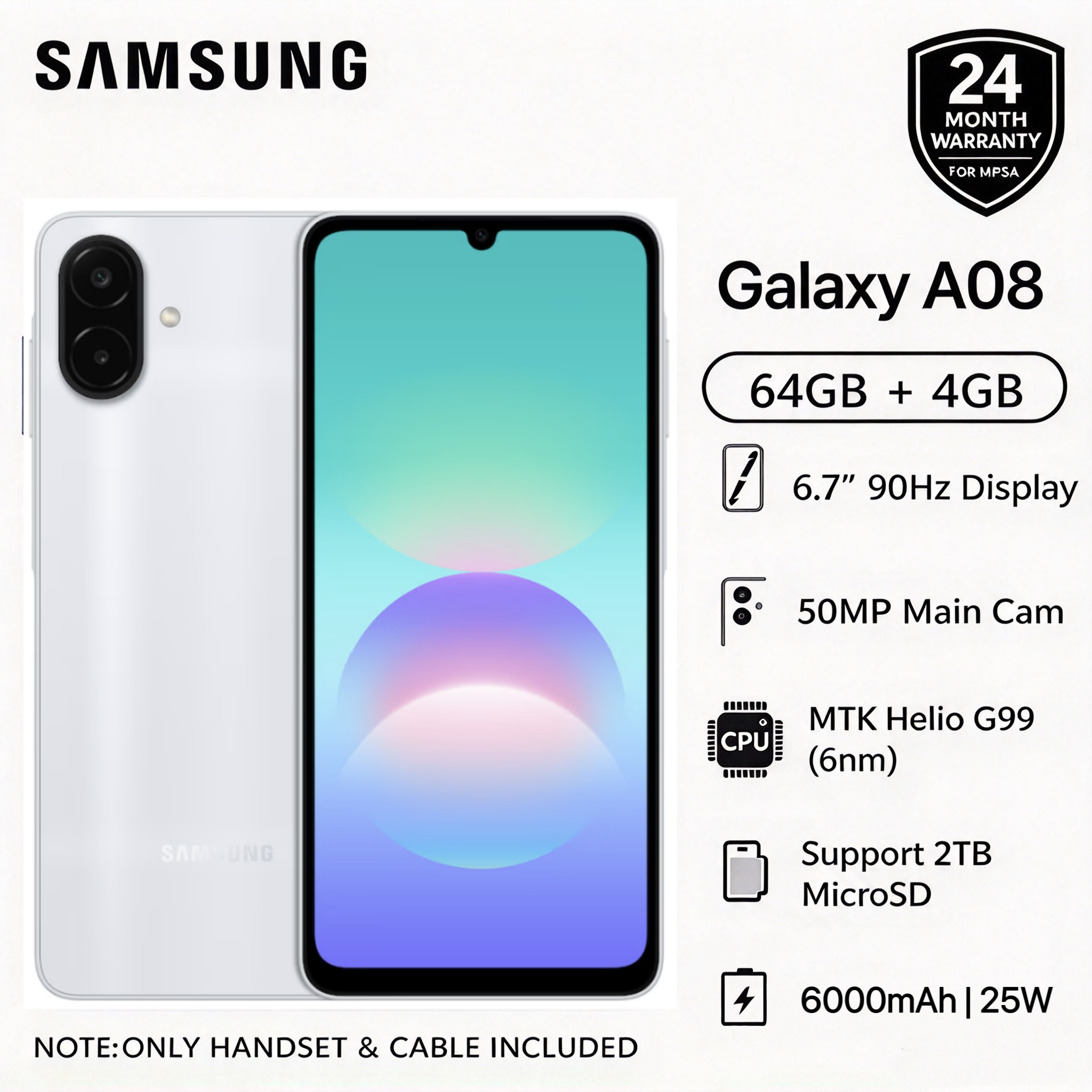 New Arrival Samsung Galaxy A08 64GB+4GB 6.7" 90Hz 6000mAh Massive Battery MTK Helio G99 50MP IP64 Waterproof Android 17 Type-C Charge Smart Phones 6X OS Upgrades phone