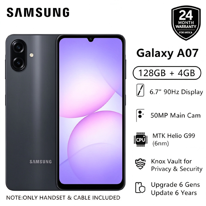 [Limited Offer] Samsung Galaxy A07 128GB+4GB MTK Helio G99 6.7" 90Hz 50MP AI Camera 5000mAh 25W IP54 Waterproof Android 15 Type-C Charge Smart Phones 6X OS Upgrades phone