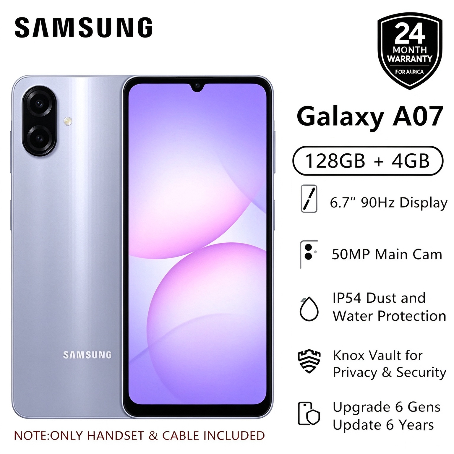 [Limited Offer] Samsung Galaxy A07 128GB+4GB MTK Helio G99 6.7" 90Hz 50MP AI Camera 5000mAh 25W IP54 Waterproof Android 15 Type-C Charge Smart Phones 6X OS Upgrades phone