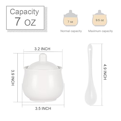 High Quality Plain White Ceramic Round Kitchen Sugar Dish 207ml – Elegant Sugar Bowl with Matching Tea Spoon for Tea, Coffee & Dining Table Use