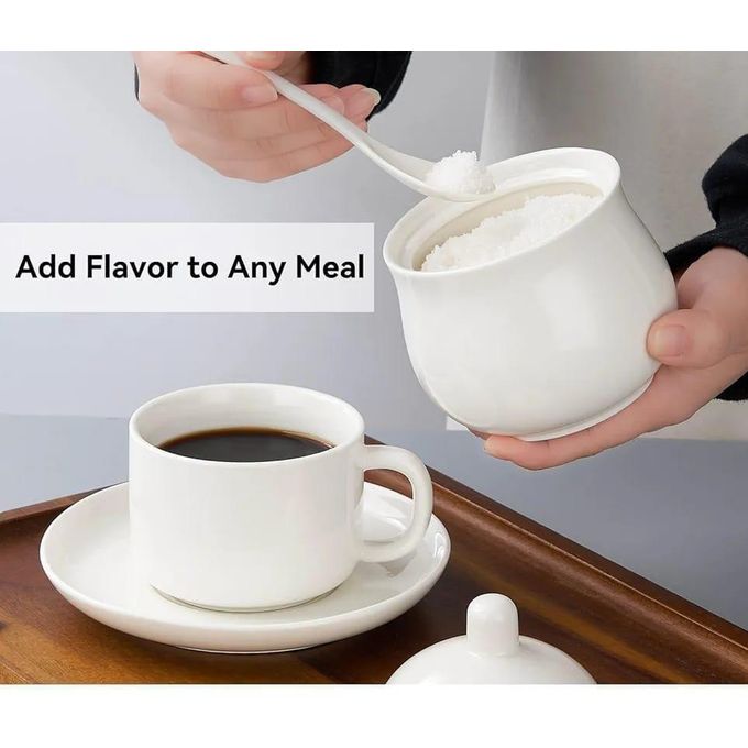 High Quality Plain White Ceramic Round Kitchen Sugar Dish 207ml – Elegant Sugar Bowl with Matching Tea Spoon for Tea, Coffee & Dining Table Use