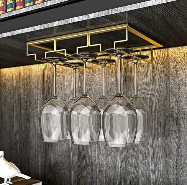 Metallic Wall Mount Wine Glass Rack Holder – Creative Stemware Storage for Up to 6 Glasses, Space Saving Kitchen & Home Bar Organizer, Durable Iron Hanging Display Rack