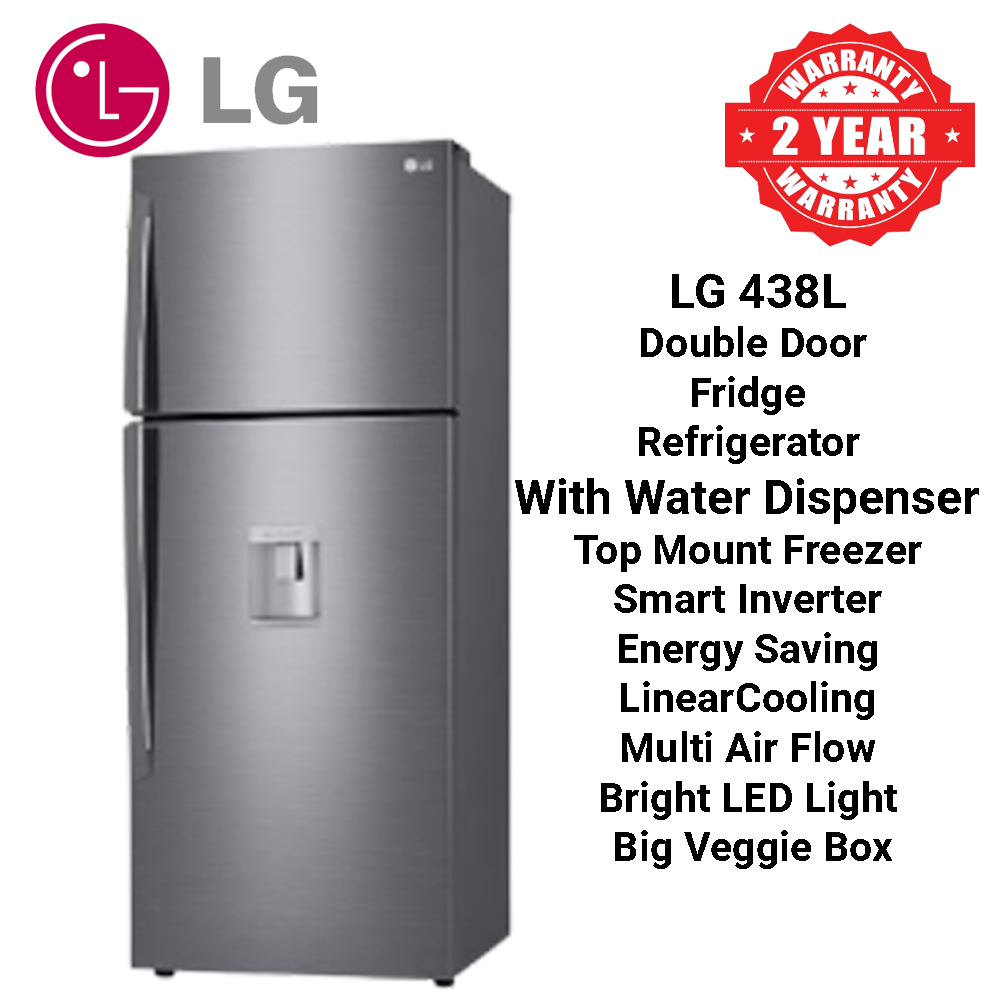 (LIMITED OFFER) LG GL-T652HLCM 438L Double Door Fridge Refrigerator With Water Dispenser Top Mount Freezer Smart Inverter Energy Saving LinearCooling Multi Air Flow Bright LED Light Big Veggie Box