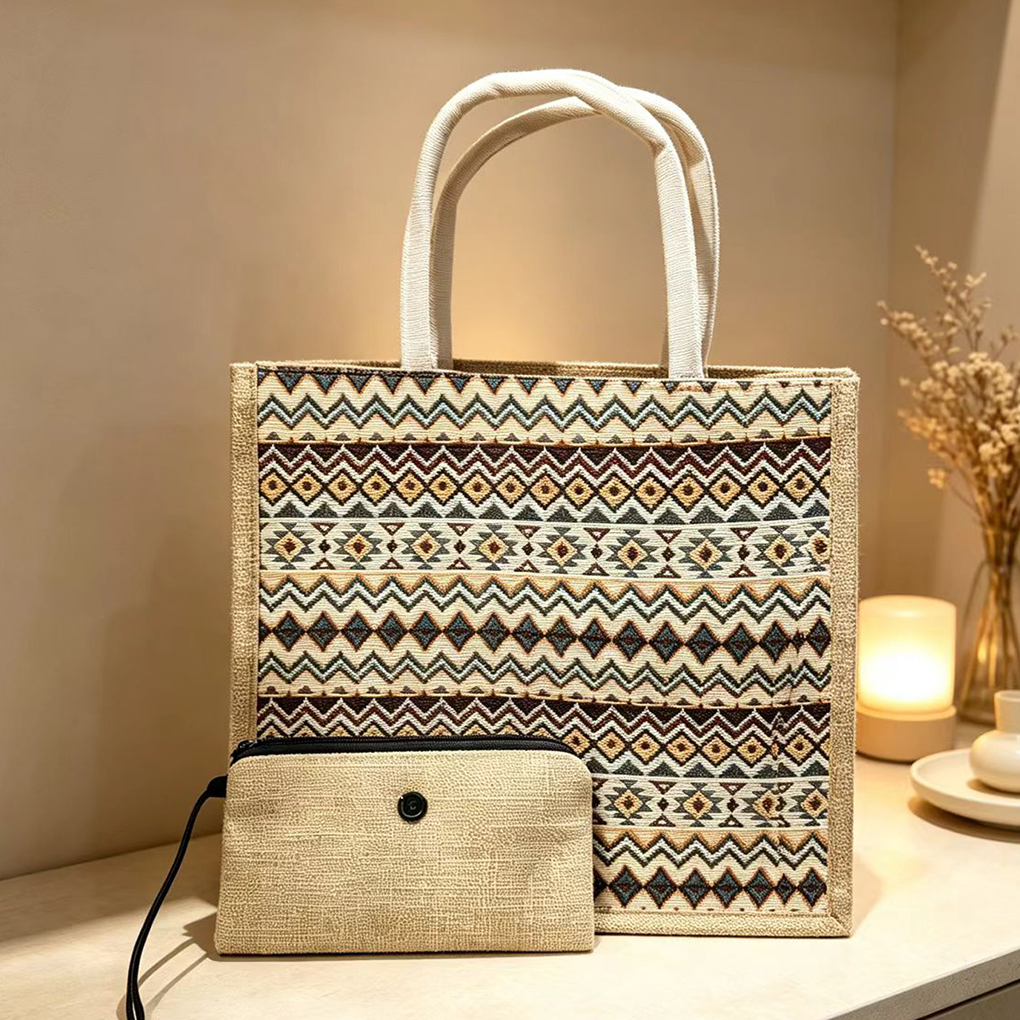 Stunning Embroidery Ladies' Shopping Large Capacity Lunch Box With Artistic Linen Handbag