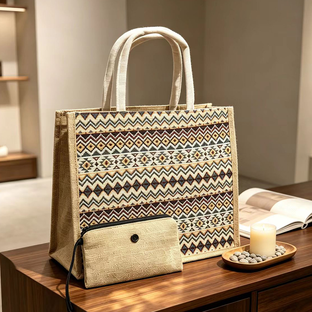 Stunning Embroidery Ladies' Shopping Large Capacity Lunch Box With Artistic Linen Handbag