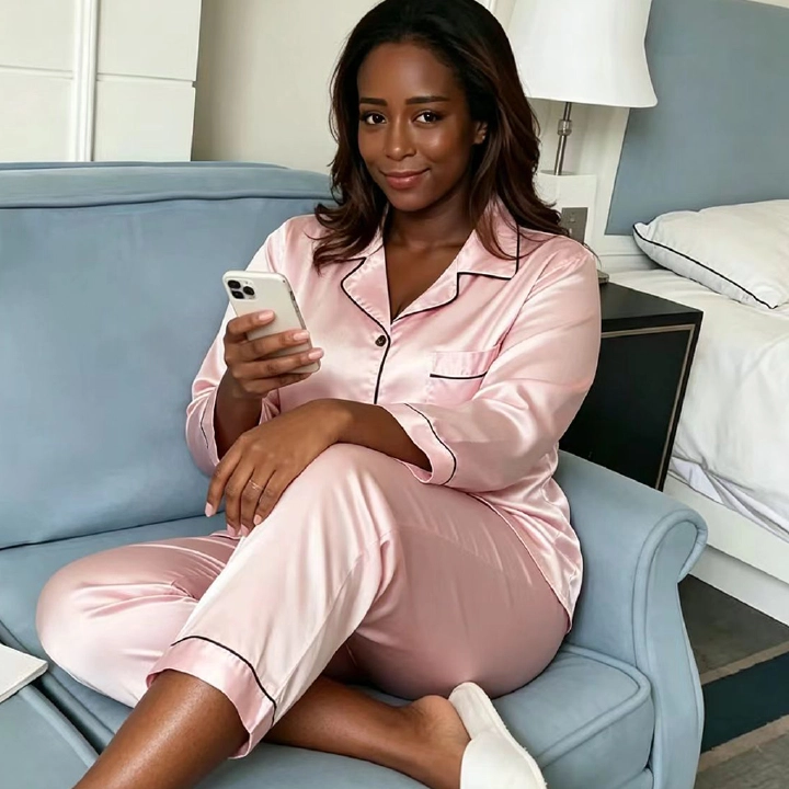 Sets This Year's Popular Work Fine Simple Personality Long Sleeve Home Wear Casual Fashion Silk Satin Pajamas