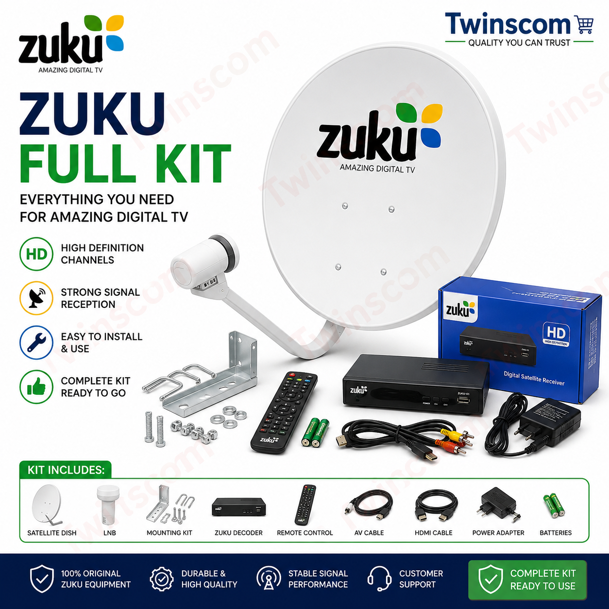 Zuku Digital Satellite Decoder Full Kit – Complete TV Receiver Package with Dish, LNB & Accessories