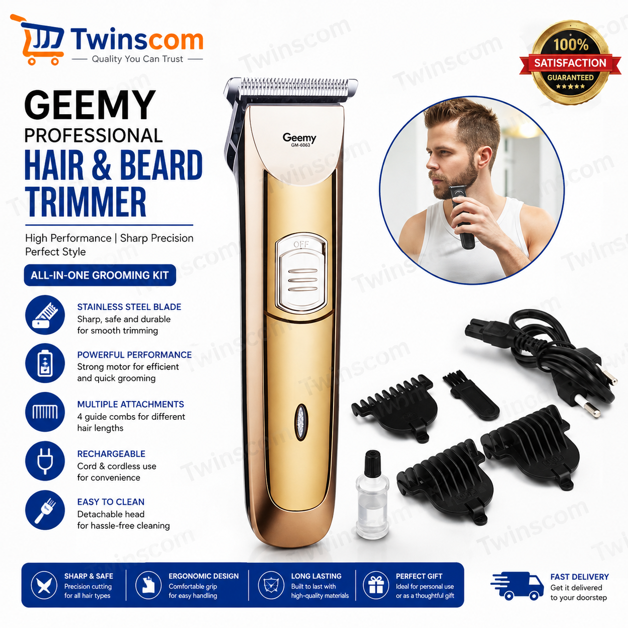 Geemy Professional Rechargeable Hair Clipper & Beard Trimmer – Cordless Electric Shaving Machine for Hair, Beard & Grooming