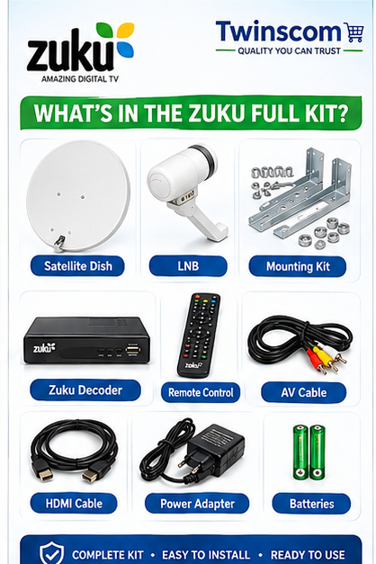 Zuku Digital Satellite Decoder Full Kit – Complete TV Receiver Package with Dish, LNB & Accessories