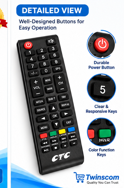 Universal Replacement CTC TV Remote Control – Compatible Smart TV Remote, Easy-to-Use Controller for CTC Televisions, Reliable Buttons & Long-Range Operation