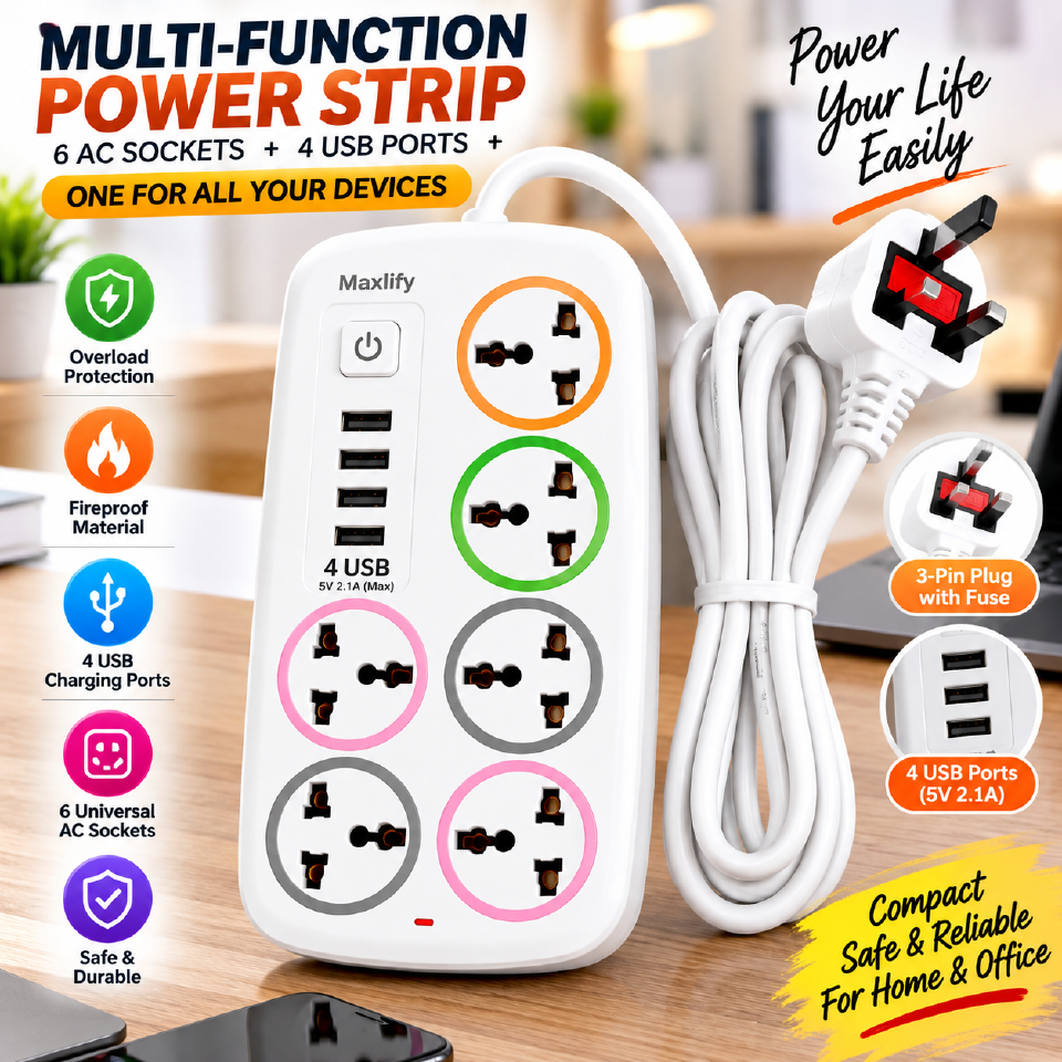 Extension Cables 6 Way With 4 USB Ports Multiplug Power Extension Socket Power Cables.