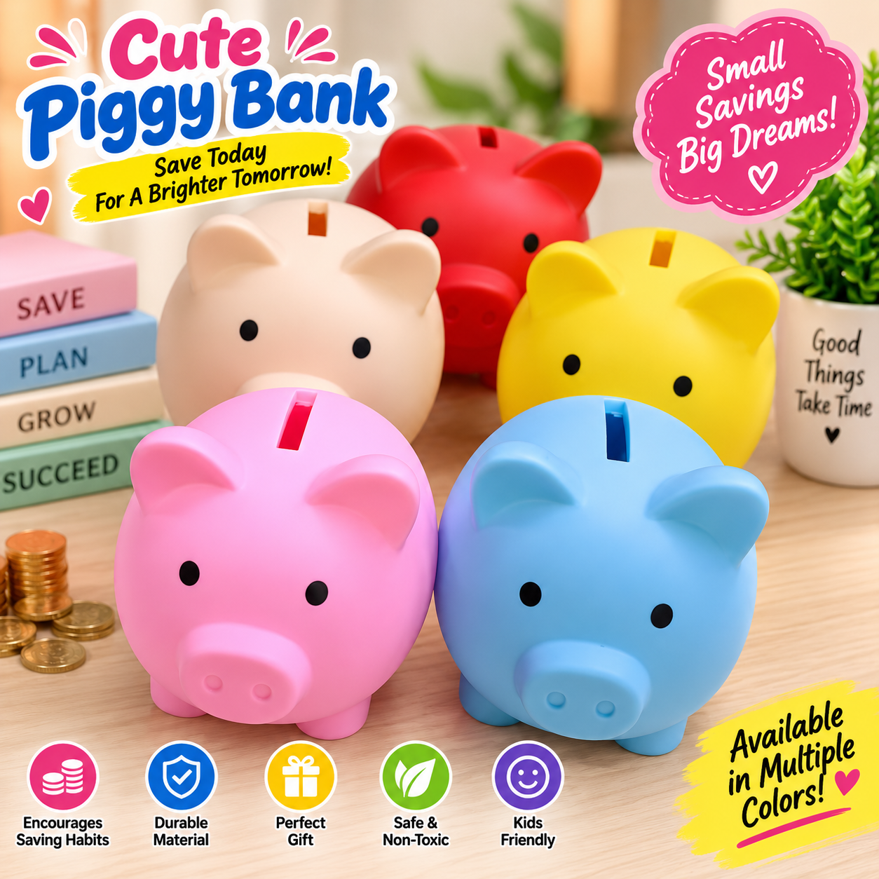 Cute Piggy Bank Savings Box – Colorful Coin Money Saving Bank for Kids & Adults