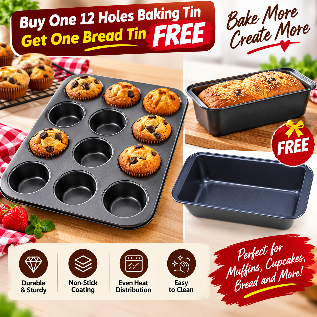 Buy 1 Get 1 Free: 12-Hole Muffin Tray + Non-Stick Loaf Tin - Upgrade your baking experience with this Buy 1 Get 1 Free offer! Enjoy a 12-hole muffin tray for perfect muffins or cupcakes every time.