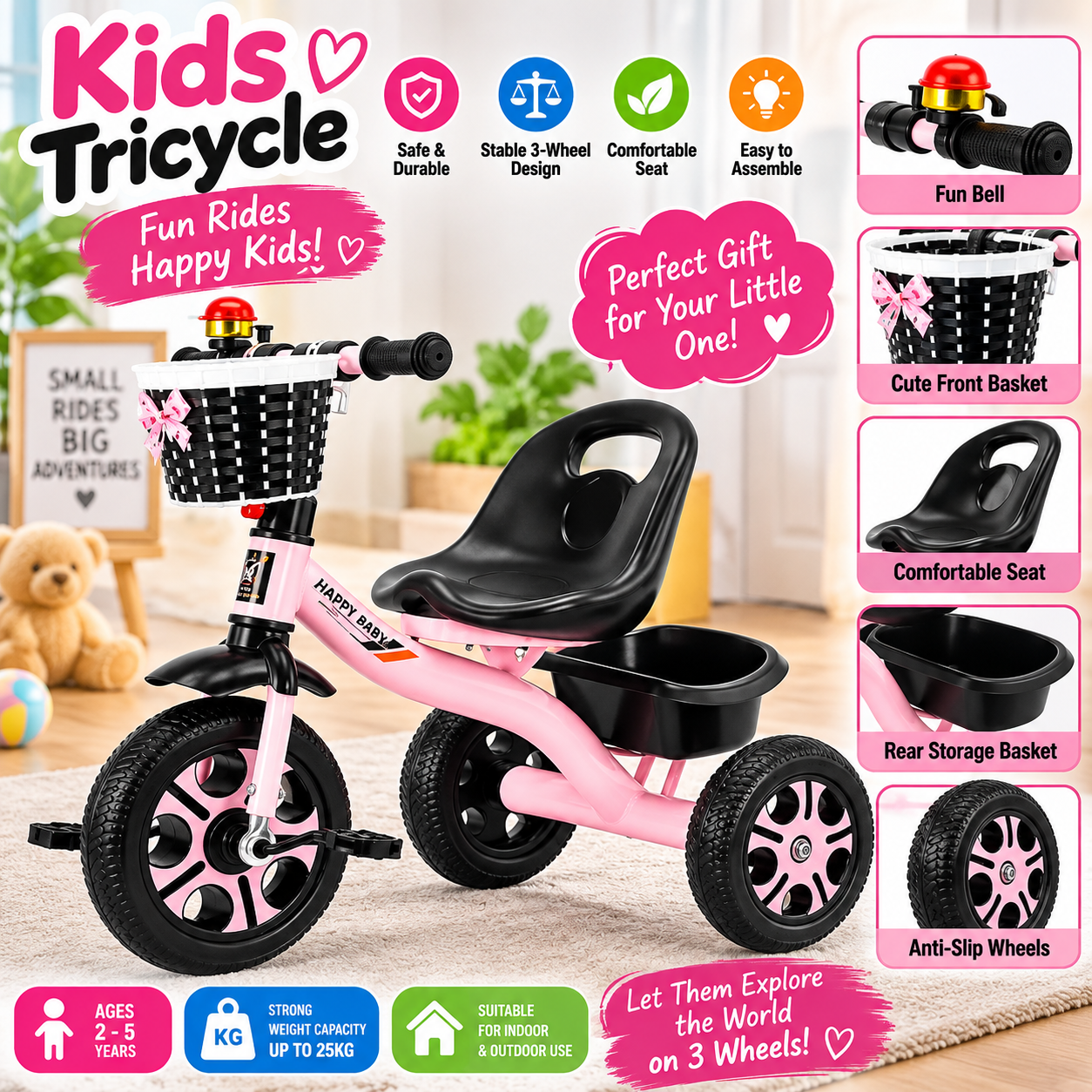 Kids Tricycle for Toddlers – 3-Wheel Baby Bicycle with Comfortable Seat, Front Basket, Rear Storage Basket & Safety Bell