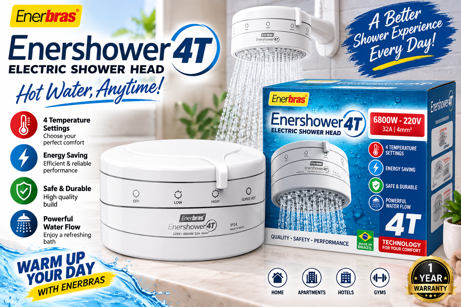 4T Instant Shower Head For Borehole Hard Salty & Fresh Soft Water.