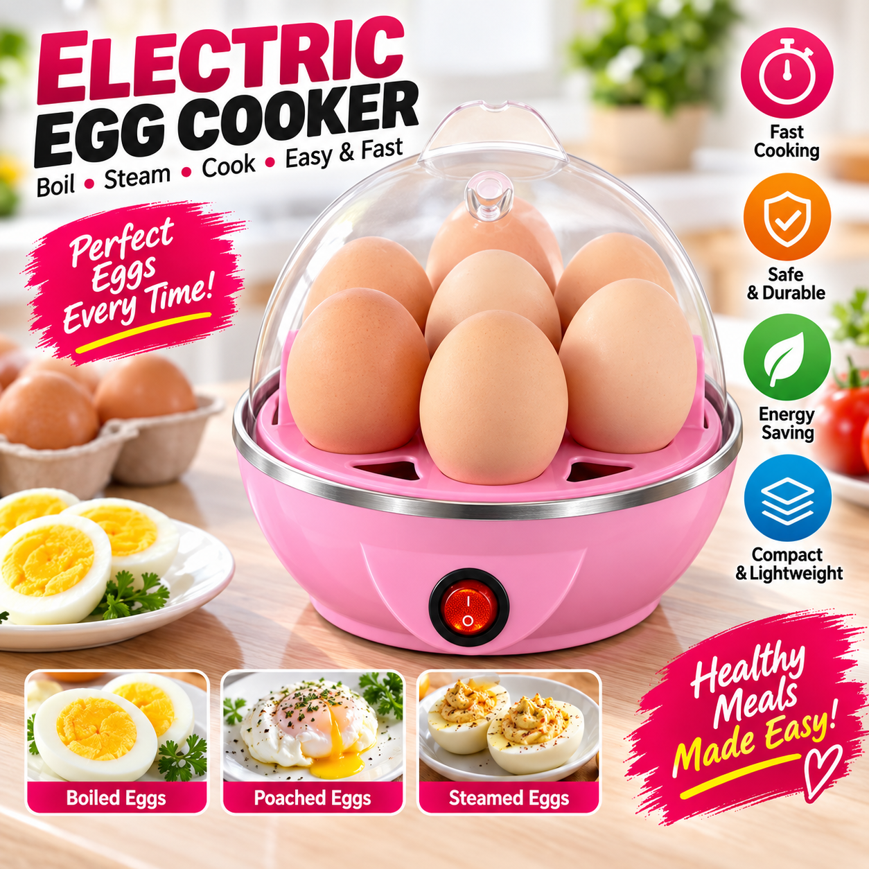 7-Egg Electric Egg Boiler, Steamer & Poacher – Multi-Function Automatic Egg Cooker for Boiled, Steamed & Poached Eggs