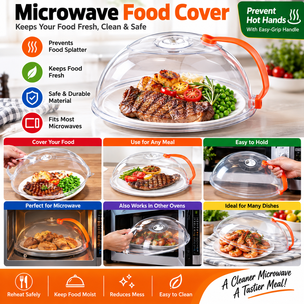 Microwave Food Cover With Steam Vent & Detachable Handle – Splatter Guard Lid For Safe, Even Heating