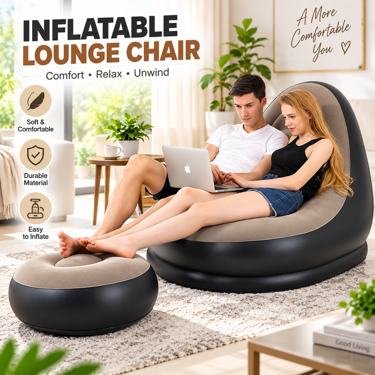Inflatable Sofa Chair with Footstool & Manual Pump – Comfortable Lounge Seat for Home