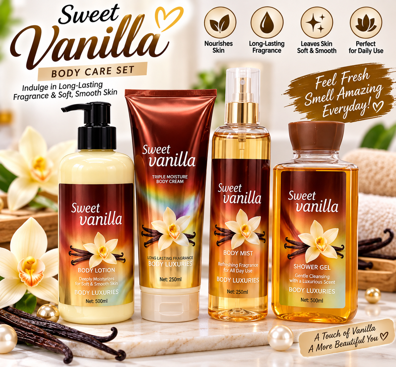 Sweet Vanilla 4in1 Set Pump Lotion, Splash, Gel & Cream.