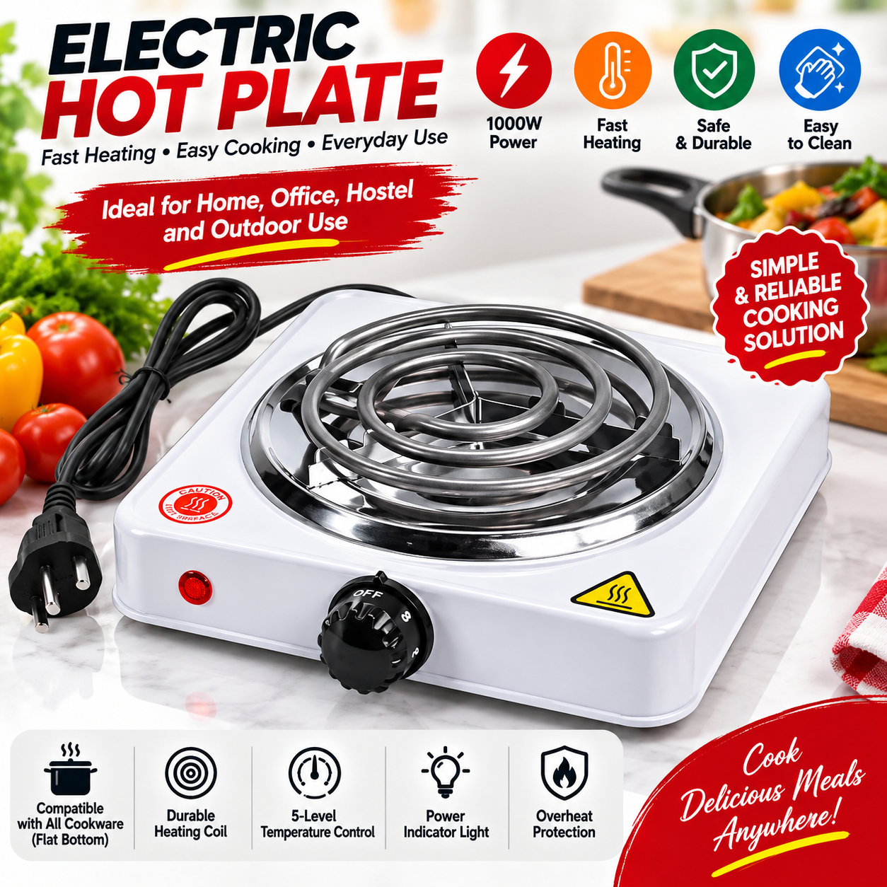 Electric Single Spiral Coil Hotplate Cooker – Portable & Fast Heating.