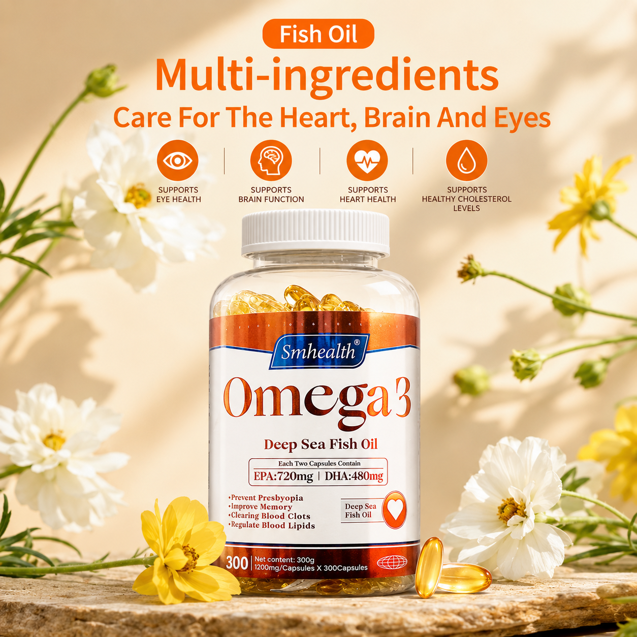 Omega 3 Fish Oil 1200mg 300 Softgels – High Potency EPA 720mg + DHA 480mg for Heart Health, Brain Function, Eye Health & Joint Support