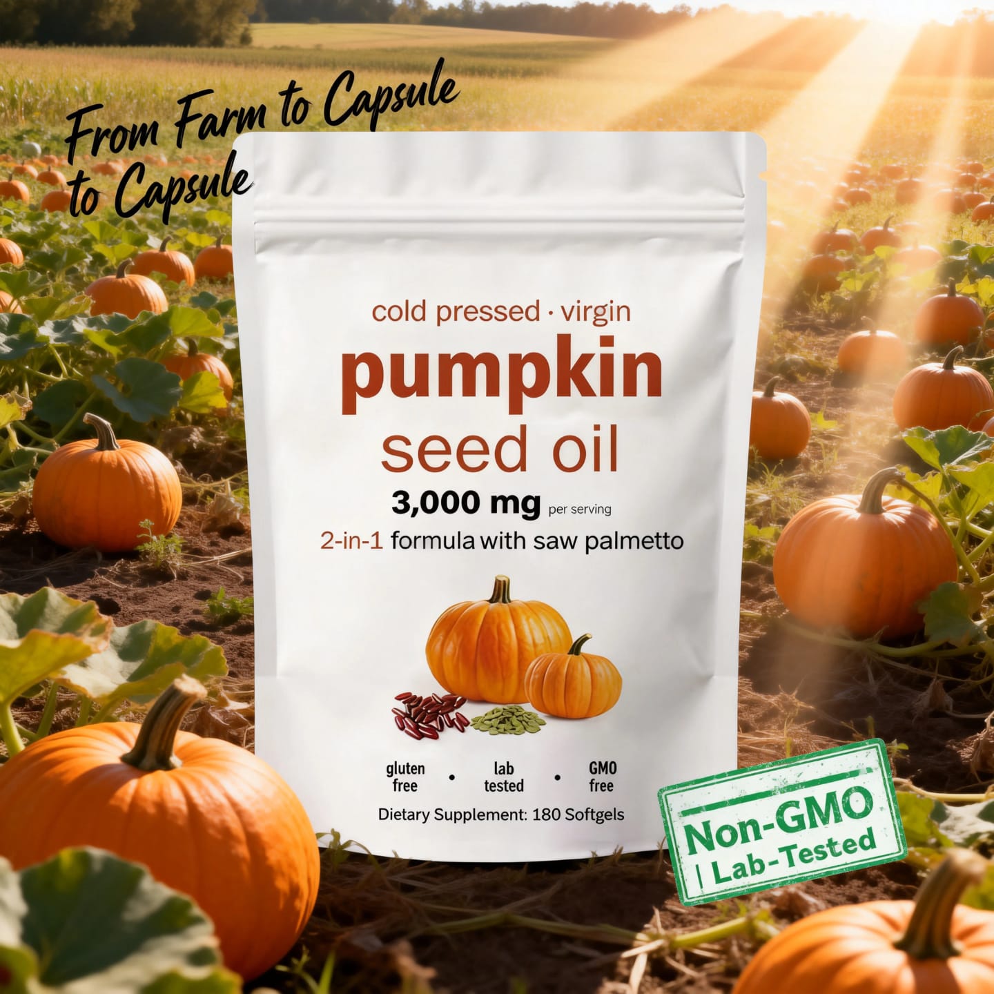 PUMPKIN SEED OIL 3000MG + SAW PALMETTO – 180 SOFTGELS, COLD PRESSED VIRGIN OIL, 2-IN-1 FORMULA FOR PROSTATE & HAIR HEALTH, HORMONAL BALANCE AND DHT BLOCKER GMO FREE, GLUTEN FREE & LAB TESTED