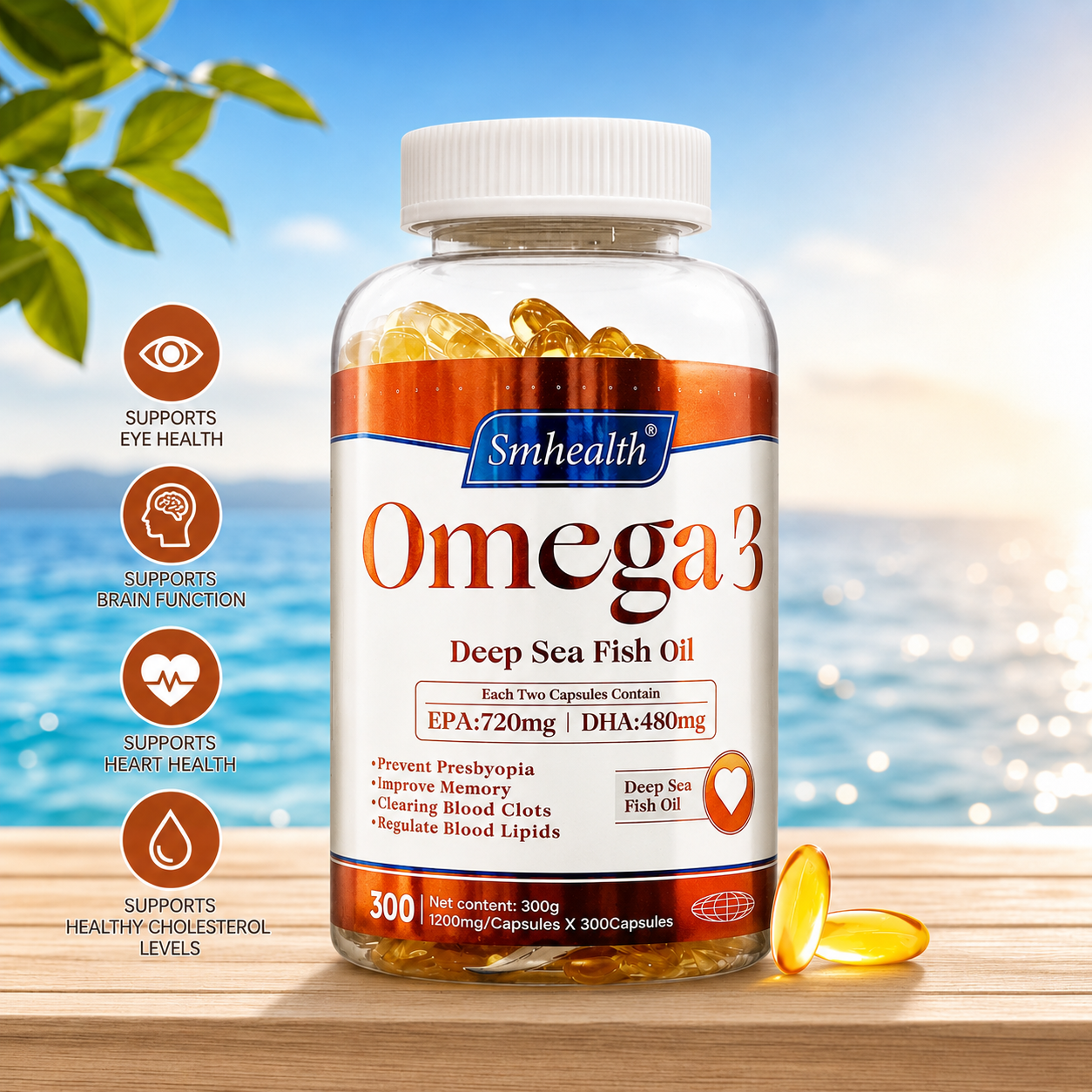 Omega 3 Fish Oil 1200mg 300 Softgels – High Potency EPA 720mg + DHA 480mg for Heart Health, Brain Function, Eye Health & Joint Support