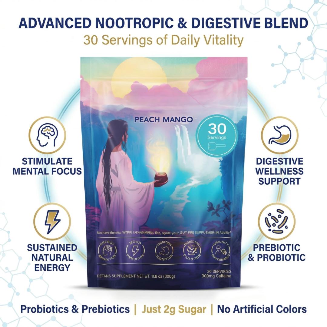 YERBA MATE PEACH & MANGO 300G – NATURAL ENERGY POWDER WITH L-THEANINE & LION'S MANE, PREBIOTICS, PROBIOTICS & 300MG CAFFEINE FOR MENTAL FOCUS & GUT HEALTH, DIGESTION.